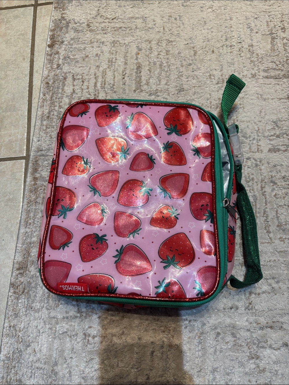 Thermos Pink Strawberry Print Lunch Bag with Green Trim